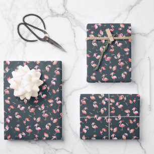 Tossed Christmas Flamingos on Dark Gray-Blue Wrapping Paper Sheet