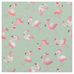Tossed Christmas Flamingos on Light Green Fabric