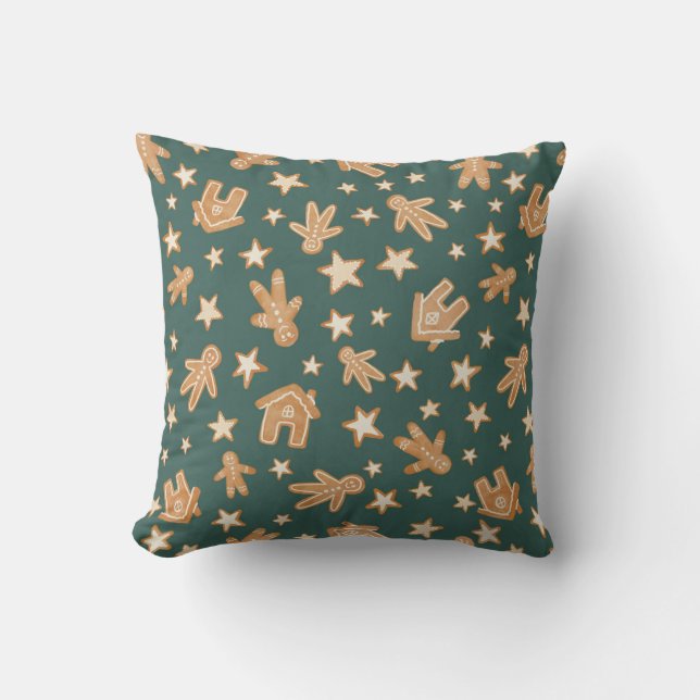 Tossed Christmas Gingerbread Cookies on Green Throw Pillow (Front)