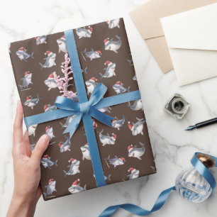 Tossed Christmas Sharks on Dark Brown Wrapping Paper