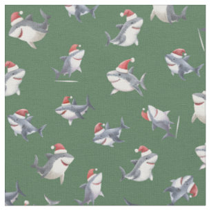 Tossed Christmas Sharks on Green Fabric