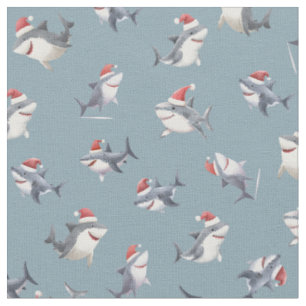 Tossed Christmas Sharks on Light Gray-Blue Fabric