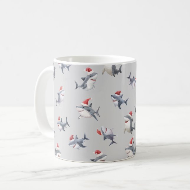 Tossed Christmas Sharks on Light Gray Coffee Mug (Front Left)