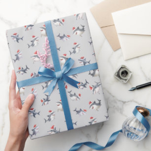 Tossed Christmas Sharks on Light Gray Wrapping Paper