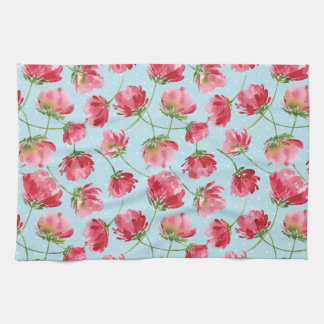 Tossed Crimson Red Watercolor Florals Polka Dots Kitchen Towel