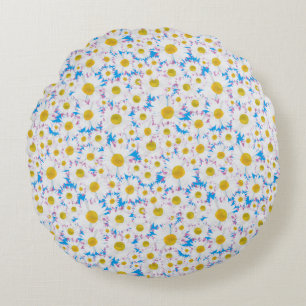 Tossed Ditzy White Daisies on Sky Blue Round Pillow