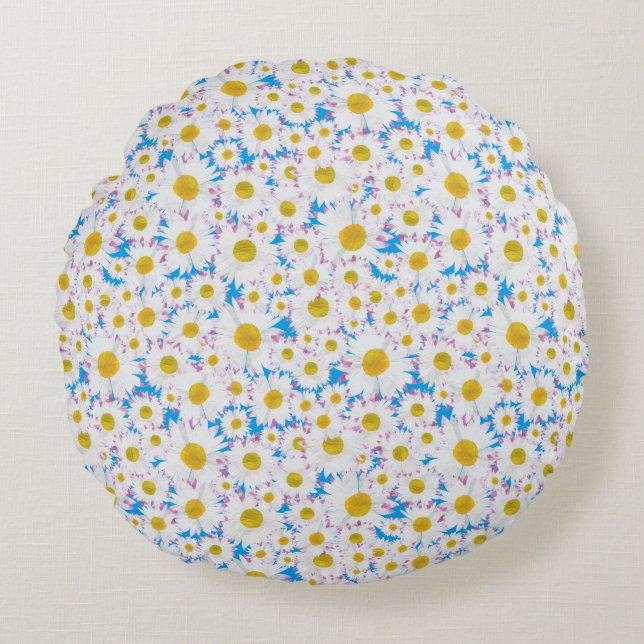 Tossed Ditzy White Daisies on Sky Blue Round Pillow (Front)