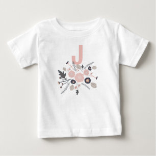 Tossed Flower Motif Grey Pink Black With Initial Baby T-Shirt