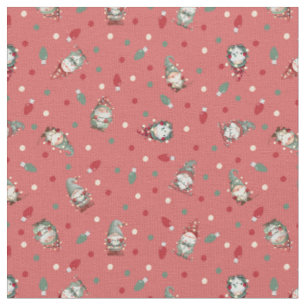 Tossed Gnomes Wrapped in Lights on Dark Coral Fabric