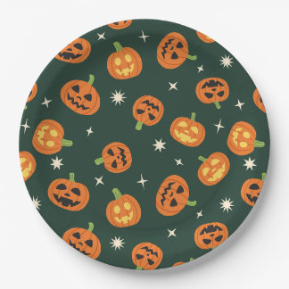 Tossed Halloween Pumpkin Pattern on dark green Paper Plate