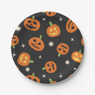 Tossed Halloween Pumpkins Pattern on Black Paper Plate