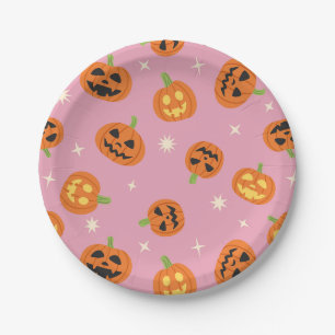 Tossed Halloween Pumpkins pattern on pink Paper Plate