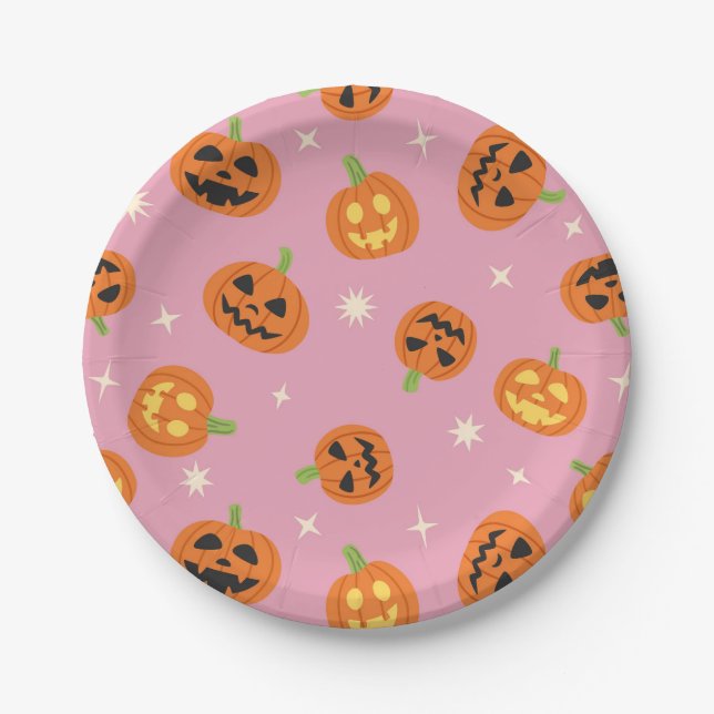 Tossed Halloween Pumpkins pattern on pink Paper Plate (Front)
