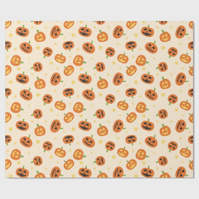 Tossed Halloween Pumpkins Pattern on soft cream Wrapping Paper (Flat)
