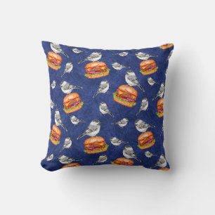 Tossed Tahoe Cheeseburger Birds on Deep Blue Throw Pillow