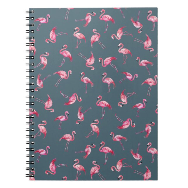 Tossed Watercolor Flamingos on Gray-Blue Notebook (Front)