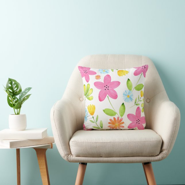Tossed Watercolor Flowers Throw Pillow (Chair)