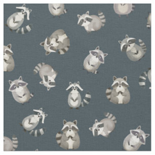 Tossed Watercolor Raccoons on Dark Gray-Blue Fabric