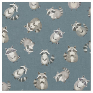 Tossed Watercolor Raccoons on Gray-Blue Fabric