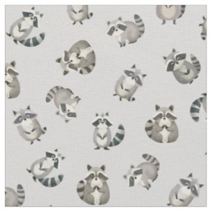 Tossed Watercolor Raccoons on Light Gray Fabric