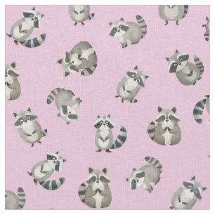 Tossed Watercolor Raccoons on Light Pink Fabric