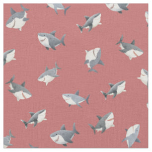 Tossed Watercolor Sharks on Faded Red Fabric