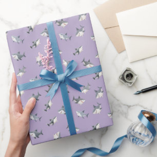 Tossed Watercolor Sharks on Light Purple Wrapping Paper