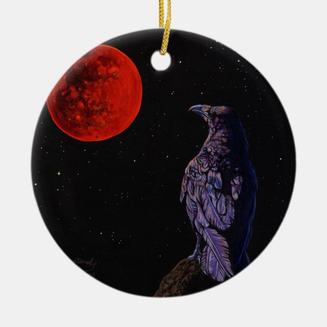Total Lunar Eclipse Crow Raven Painting Art Ceramic Ornament (Front)