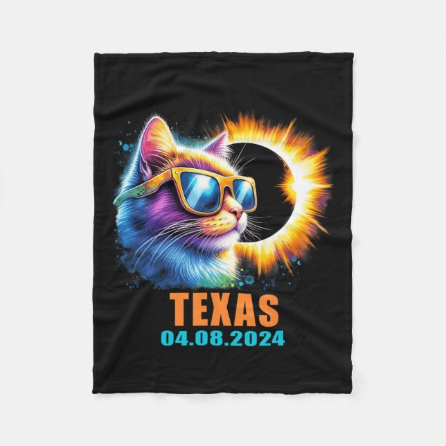 Total Solar Eclipse 2024 Cat Solar Eclipse Gles  Fleece Blanket (Front)