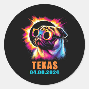 Total Solar Eclipse 2024 Pug Dog With Gles  Classic Round Sticker