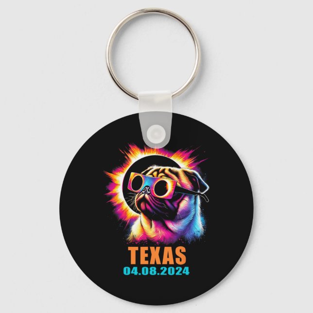 Total Solar Eclipse 2024 Pug Dog With Gles  Keychain (Front)