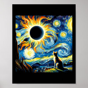 Total Solar Eclipse 2024 Van Gogh Starry Night Cat Poster