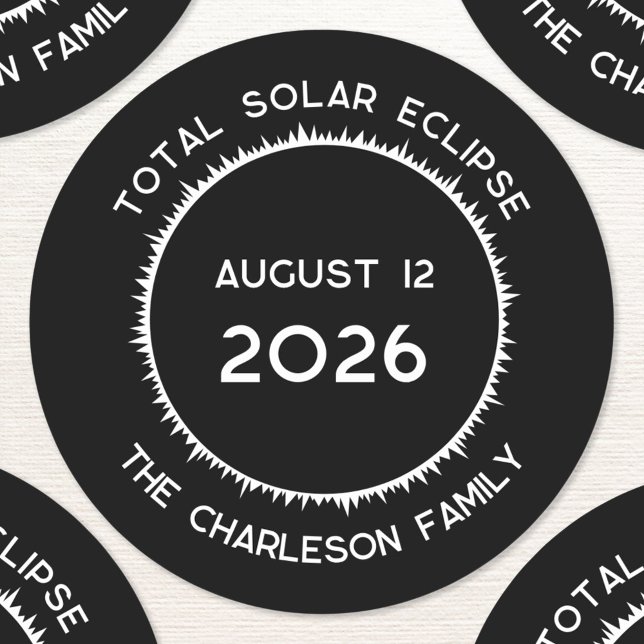 Total Solar Eclipse 2026 Personalized  Classic Round Sticker (Total Solar Eclipse August 12 2026 Greenland Iceland Spain personalized custom text name sticker)