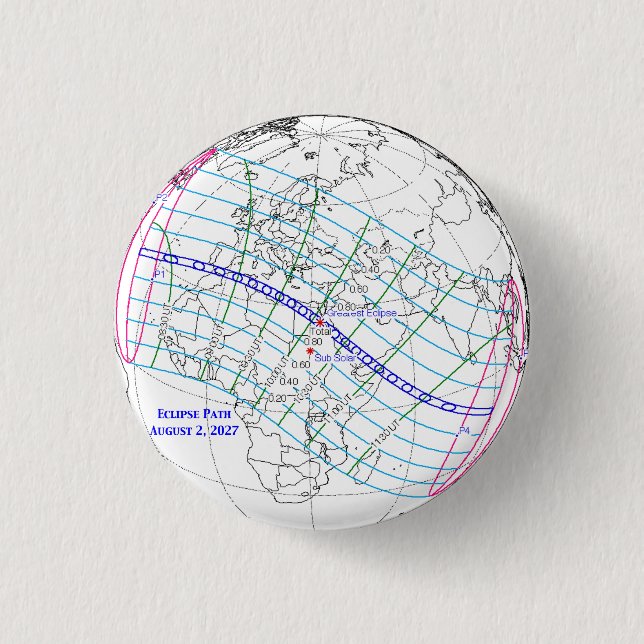 Total Solar Eclipse 2027 Map 1 Inch Round Button (Front)