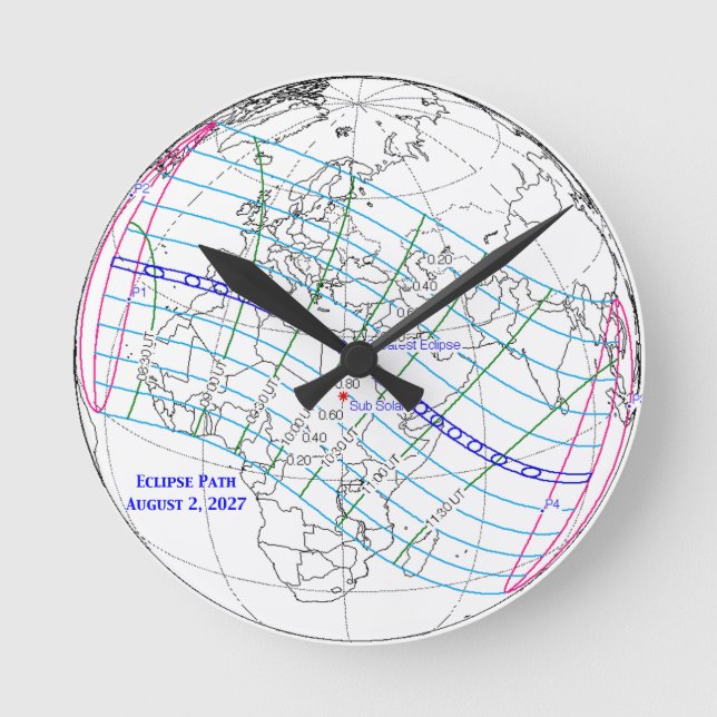 Total Solar Eclipse 2027 Map Round Clock (Front)