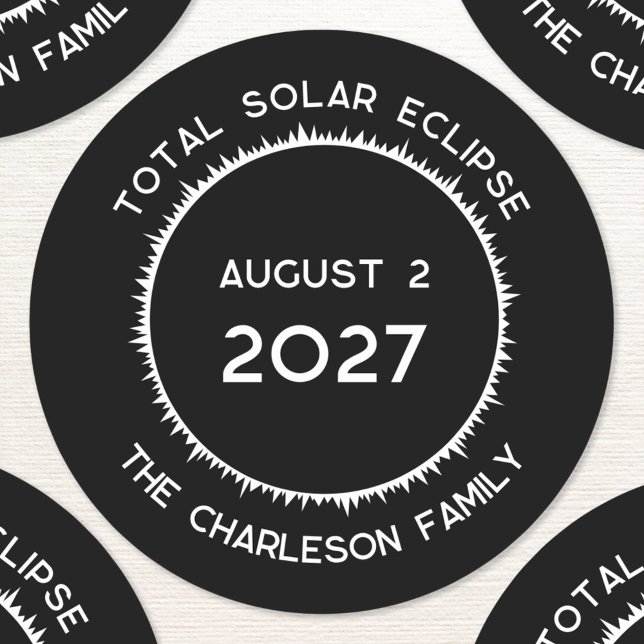 Total Solar Eclipse 2027 Personalized  Classic Round Sticker (Total solar eclipse August 2nd 2027 personalized family name custom text sticker)