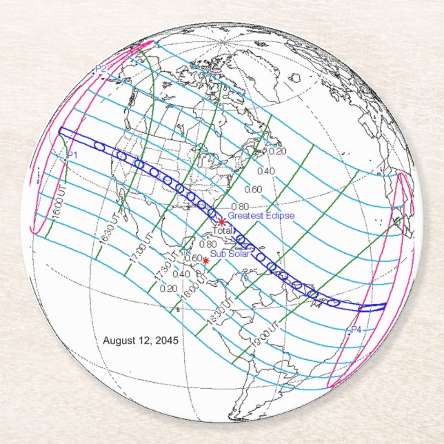 Total Solar Eclipse 2045 Global Path Round Paper Coaster (Front)