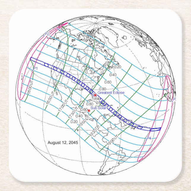 Total Solar Eclipse 2045 Global Path Square Paper Coaster (Front)