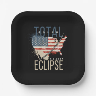 Total Solar Eclipse 4.8.2024 Patriotic USA Map Paper Plate