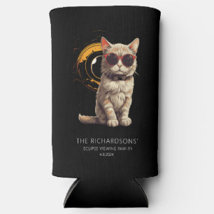 Total Solar Eclipse April 2024 Fun Cat in Glasses Seltzer Can Cooler