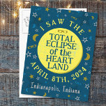 Total Solar Eclipse April 8th 2024 Souvenir Custom Postcard<br><div class="desc">On April 8th 2024, a total solar eclipse will be visible across much of the United States, Mexico, and Canada. If you're planning on celebrating this exciting event in the "heartland" of America with a fun viewing party, these souvenir postcards are perfect for you. The text says "I saw the...</div>
