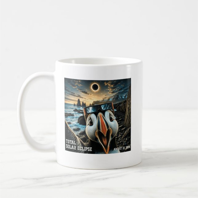 Total Solar Eclipse Iceland Puffin Selfie August 1 Coffee Mug (Left)