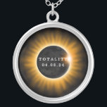 Totality Solar Eclipse 2017 Silver Plated Necklace<br><div class="desc">A total solar eclipse occurred on April 8,  2024,  passing over Mexico,  the United States,  and Canada.  This necklace has the text "Totality 04.08.24".  An orange and black sun and moon graphic in the centre represents the eclipse.</div>