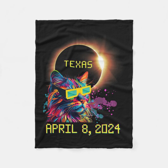 Totality Total Solar Eclipse Cat April 8 2024 Texa Fleece Blanket (Front)