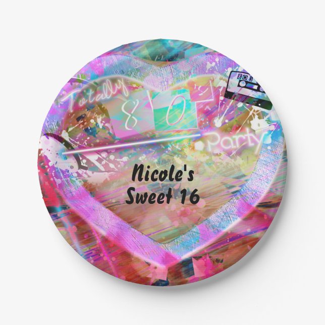 Totally 80's Bright Fun Heart Birthday Party Paper Plate (Front)