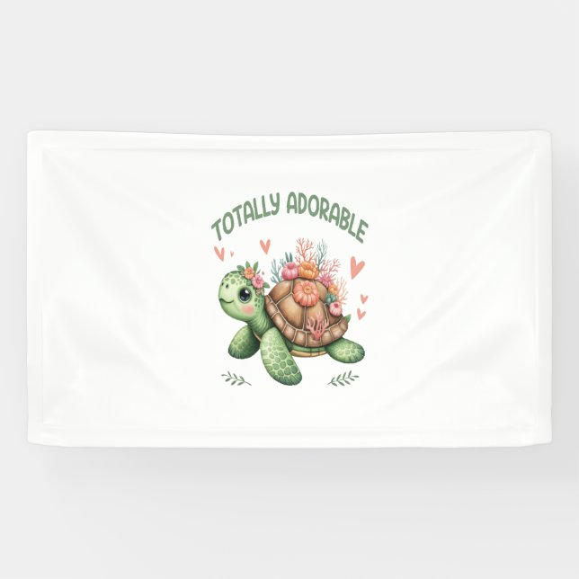 Totally Adorable Turtle with Coral Banner (Horizontal)