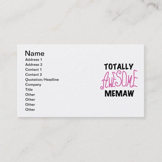 Totally Awesome Memaw Pink Tshirts and Gifts Business Card (Front)