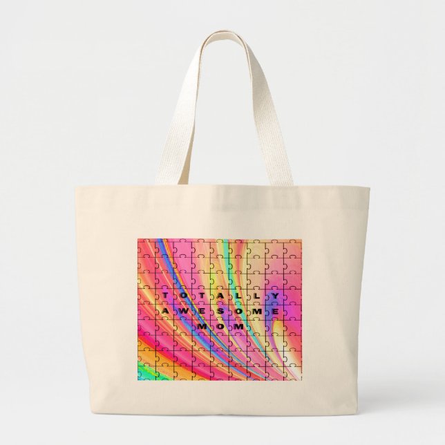 Totally Awesome Mom  Pink Swirl Puzzle Design Large Tote Bag (Front)