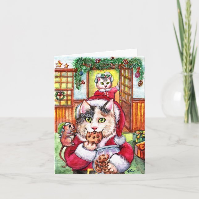Totally Busted Cat Eating Holiday Joy Cookies Thank You Card (Front)