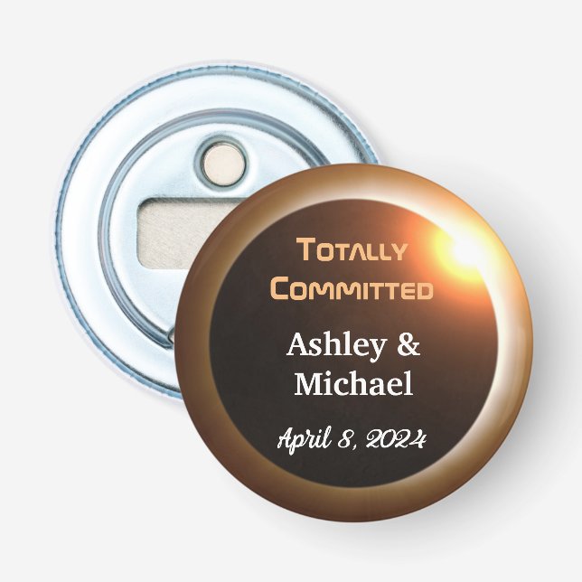 Totally Committed Eclipse Theme Wedding Bottle Opener (Front)